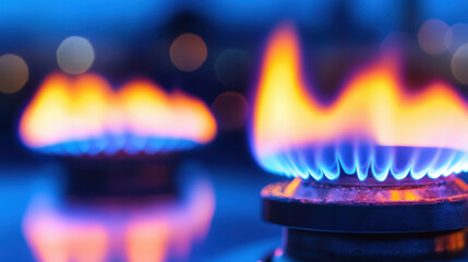 Blue flames of gas burners create vibrant display, symbolizing energy and warmth in cozy setting