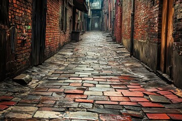 Rustic alley with red bricks and weathered cobblestone flooring