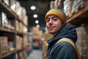 Portrait of a young man with Down syndrome working in a warehouse, emphasizing inclusivity in the workplace and supporting workers with disabilities, Generative AI