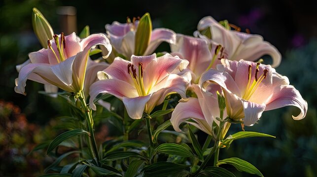 Delicate pink lilies in a garden setting. - Powered by Adobe
