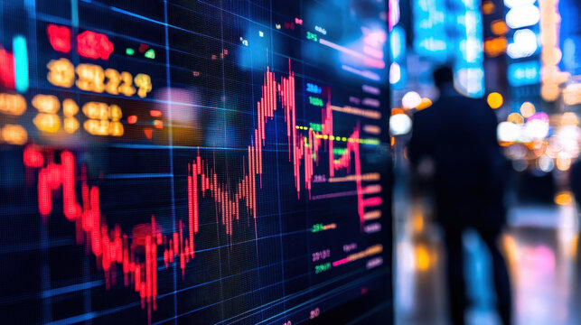 Vibrant stock market display shows fluctuating graphs and data, symbolizing energy and financial trends