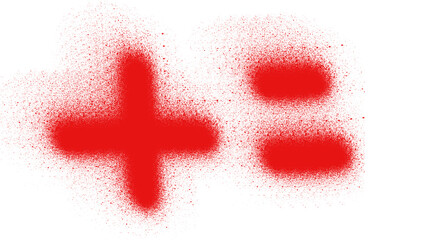 Red spray-painted plus and equals signs on white.
