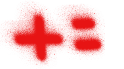 Red spray-painted plus and equals signs on white.