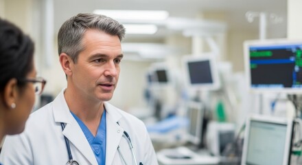 Male doctor consulting with colleague in modern hospital intensive care unit