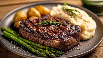 Grilled Steak with Mashed Potatoes, Asparagus, and Roasted Potatoes