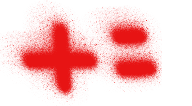 Red spray-painted plus and equals signs on white.
