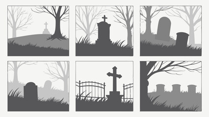 Fototapeta premium Monochrome graveyard silhouette vector art set featuring tombstones, crosses, and bare trees, creating a spooky cemetery landscape.