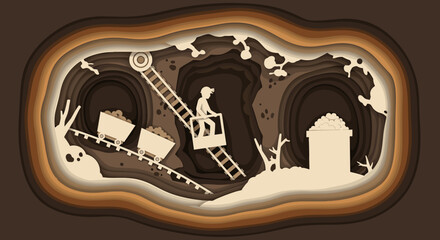 Silhouette of a miner in a mine shaft, in paper cut style for posters, with copy space. Miners' day poster