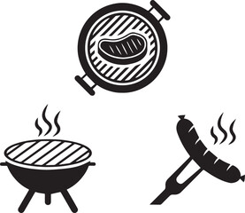 Grill and Barbecue Icon Set Vector Silhouettes of Steak, BBQ Grill, and Sausage with Rising Steam in Black and White