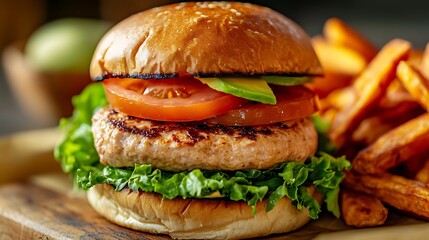 Juicy Turkey Burger with Fresh Vegetables and Crispy Fries