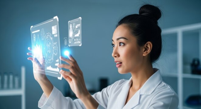 Female scientist using futuristic holographic interface technology in modern laboratory
