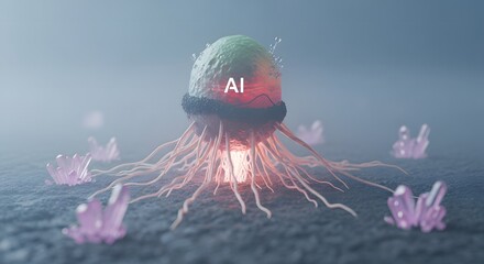 Artificial intelligence and fantasy landscape with crystals bloom.