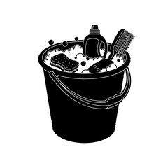 A bucket full of cleaning supplies isolated on white background