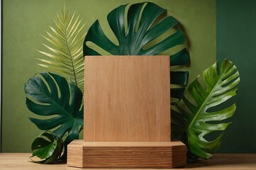 Wooden podium for presentation on green wall with tropical leaves