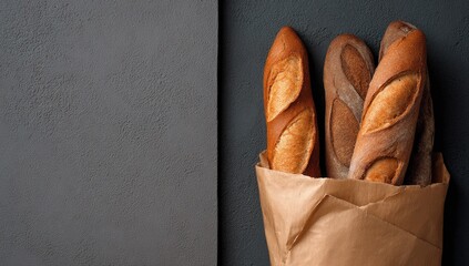 Bagged baguettes on dark background