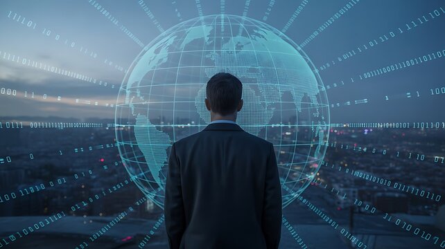A businessman looks at a digital globe over a cityscape