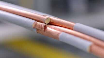 Copper wire closeup showing hybrid energy system connection with electrical insulation and metallic conductor in industrial environment