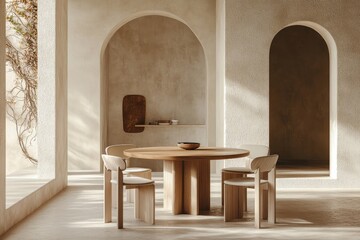 Four chairs arranged around a round wooden dining table, positioned against a beige stucco wall. Japandi minimalist home interior design for a modern dining room, Generative AI