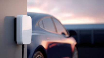 Modern electric car charging station with hybrid energy system at sunset