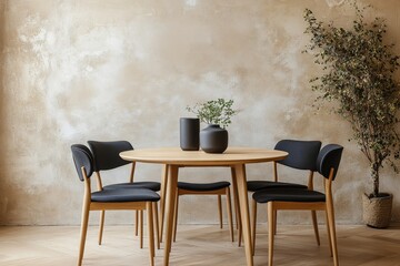 Four chairs arranged around a round wooden dining table, positioned against a beige stucco wall. Japandi minimalist home interior design for a modern dining room, Generative AI