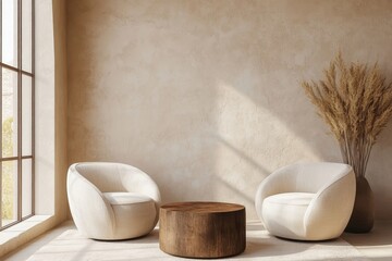 Two chairs placed near an accent coffee table, positioned against a beige stucco wall. Japandi minimalist home interior design for a modern living room, Generative AI