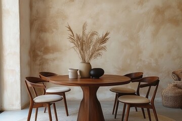Four chairs arranged around a round wooden dining table, positioned against a beige stucco wall. Japandi minimalist home interior design for a modern dining room, Generative AI
