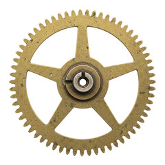 antique clock gear wheel, vintage mechanical cog, aged brass timepiece part, steampunk machinery element, intricate watch mechanism detail on transparent background PNG