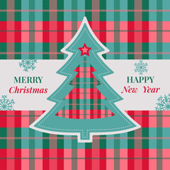 Merry Christmas Checkered Plaid Tartan Fabric Background Card