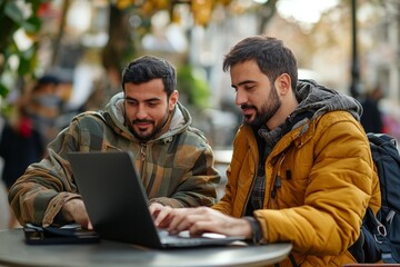 Young man with Down syndrome sitting outdoors with his mentor in a caf, using a laptop, illustrating the supportive relationships and inclusion of individuals with disabilities, Generative AI