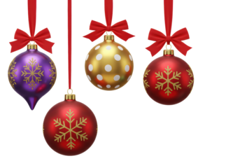 Five colorful spherical christmas ornaments (purple, gold, red, blue, green) with snowflakes and polka dots, hanging on vibrant red ribbons against a clean white background with copy space, festive