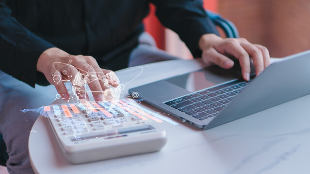 Businessman using a calculator and laptop with digital world map overlay, representing global marketing, international connectivity, and strategic expansion in network investment.