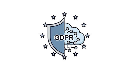 Gdpr compliance icon with shield and cloud surrounded by stars on a white background for data protection ai genrated