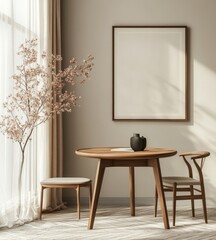 Chair placed at a round wood dining table, positioned against a wall with a large poster frame. Japandi minimalist style home interior design for a modern living room, Generative AI