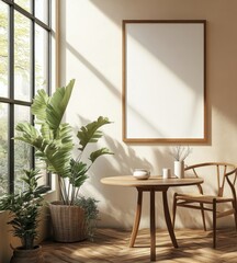 Chair placed at a round wood dining table, positioned against a wall with a large poster frame. Japandi minimalist style home interior design for a modern living room, Generative AI