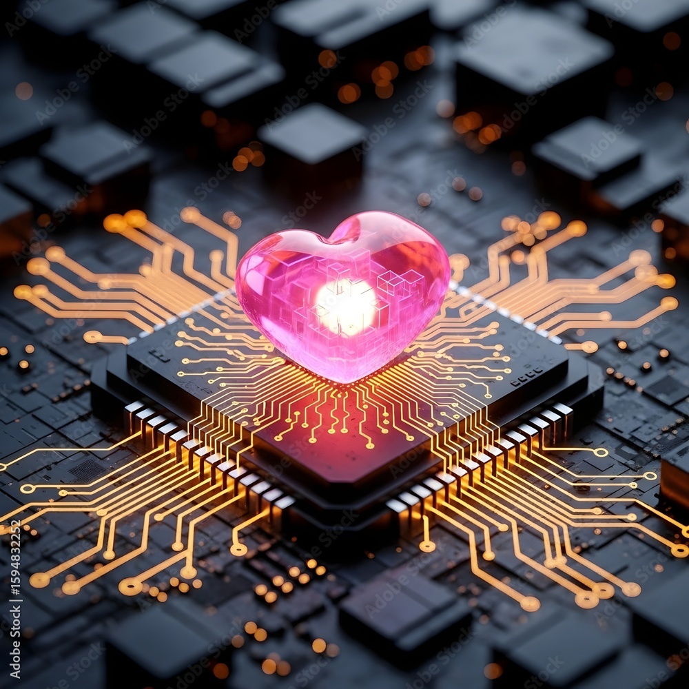 Poster technological heart a pink heart on a computer chip symbolizing digital love and connection in the m