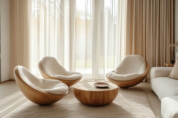 Two lounge chairs and a round wood coffee table placed against a white sofa and a window dressed with beige curtains. Japandi minimalist home interior design for a modern living, Generative AI