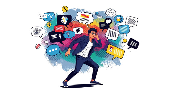 A person overwhelmed by a multitude of diverse communication methods, highlighting the pressure of modern information overload.
