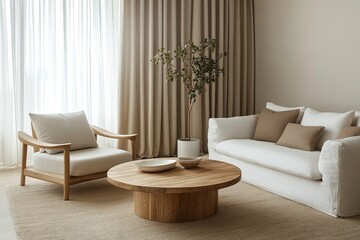 Two lounge chairs and a round wood coffee table placed against a white sofa and a window dressed with beige curtains. Japandi minimalist home interior design for a modern living, Generative AI