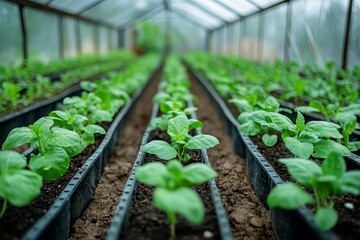 Father teaching his little daughter how to care for organic plants in an eco-friendly greenhouse, promoting sustainable practices and environmental stewardship, Generative AI