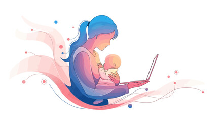 A mother breastfeeding her baby while simultaneously working on a laptop computer.