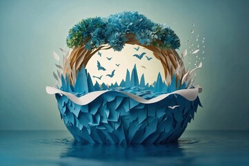 Paper art , Ecology and world water day , Saving water and world Environment day, environmental protection and save earth water , Generate Ai
