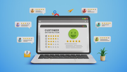 Customer satisfaction survey concept. Users rating, online experiences review, Customers feedback comments and review., Quality of service, business reputation. 5 star customer reviews on 3D laptop