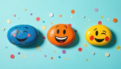 Three painted rocks feature happy emoji faces in blue, orange, yellow. Confetti dots surround cheerful stones on bright teal background. Fun, decorative art pieces express joy, positive emotions,