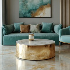 Golden round coffee table with a marble top, placed near turquoise sofas and chairs. Hollywood glam and Art Deco style home interior design for a modern living room, Generative AI
