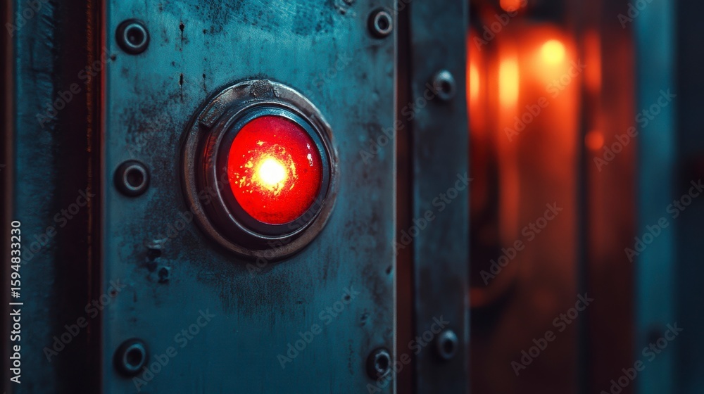 Poster close-up of a glowing red button on a metallic surface.
