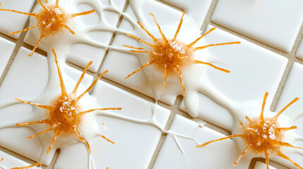 Germs on bathroom tiles create striking visual with their unique shapes and textures, evoking sense of curiosity and concern