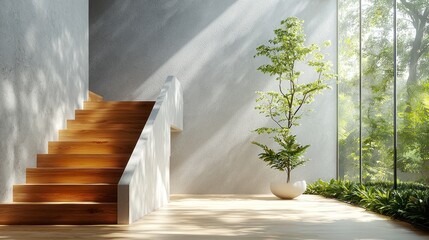 Modern, light-filled stairway leads to a tranquil, verdant space