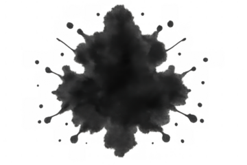 Dark ink spreading on a transparent background, creating an abstract shape with splatters and drops