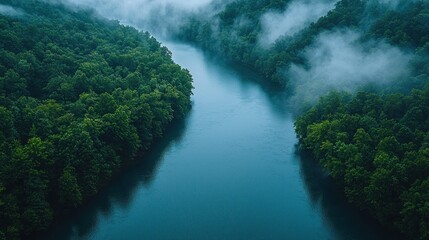 Misty river winding through lush green forest. High-angle view