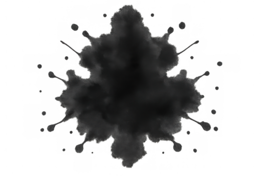 Dark ink spreading on a transparent background, creating an abstract shape with splatters and drops